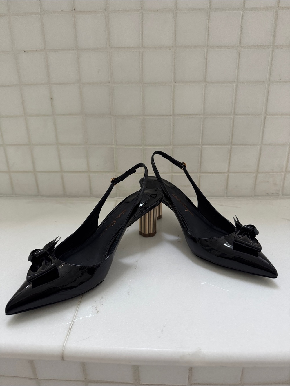 Salvatore Ferragamo Black Patent Slingback Pumps with Gold Heel, 5 1/2